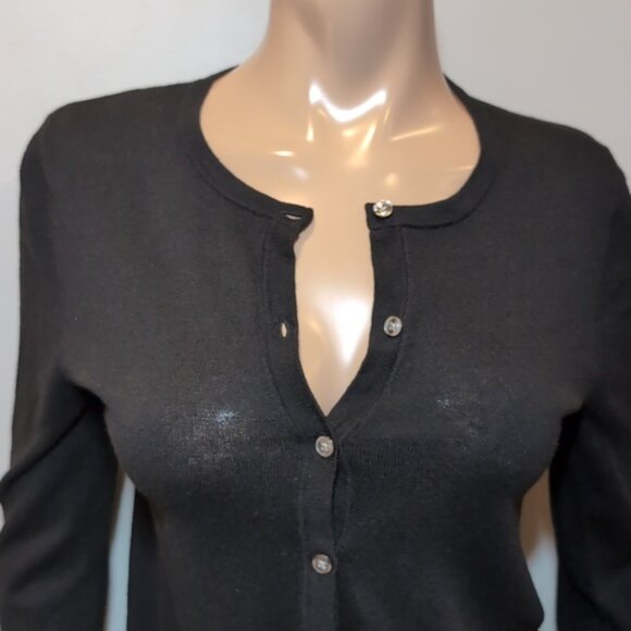 Ann Taylor Buttoned Cardigan Sweater Cotton Knit Crew Neck Womens Medium Black - Picture 4 of 10